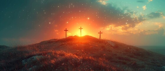 The Resurrection - Crosses On Hill At Sunset - Abstract Glittering In The Sky And Vintage Colors - obrazy, fototapety, plakaty