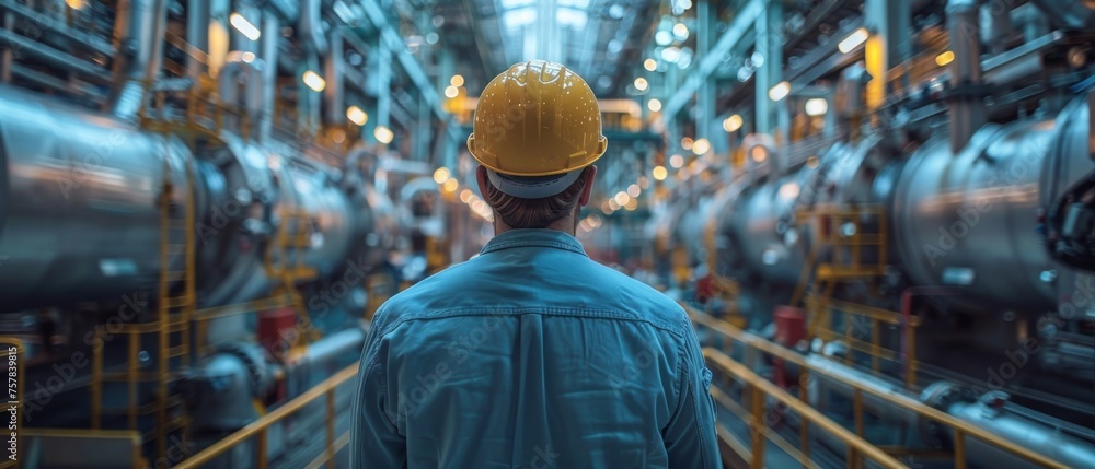 Poster An industrial automation process control room in an industry 4.0 technology trend concept. An engineer and manager monitor real-time work automation processes in a smart factory in real time.