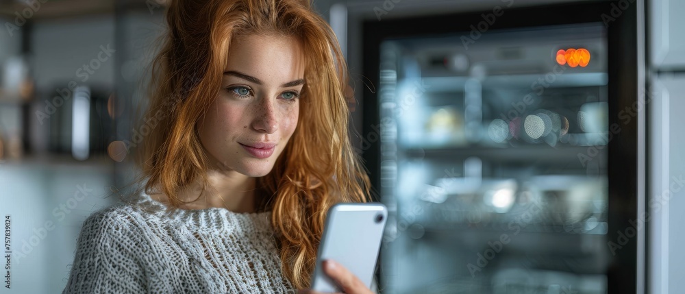 Poster a young woman uses her smartphone to control her kitchen appliances through the internet of things. 