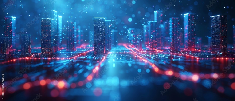 Poster IoT(Internet of Things), ICT(Information Communication Technology), digital transformation, abstract image graphic with duotones