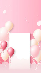 card with balloons and pink background, Birthday party card template with copy space and white board,
