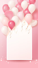 card with balloons and pink background, Birthday party card template with copy space and white board,