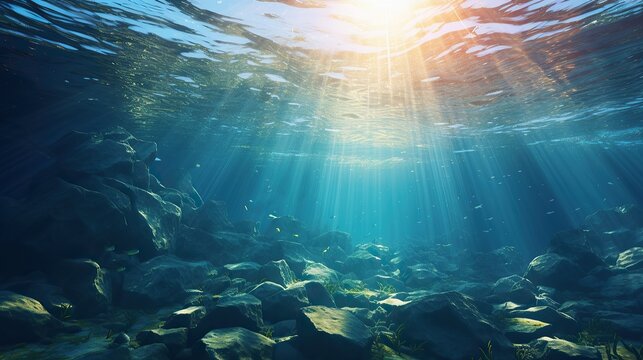 Sea rocky bottom under transparent blue water. Clear turquise lake surface rippled with sun ray reflection.