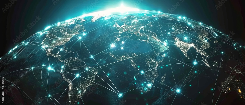 Poster An amazing 3D of a businessman touching global networks and data exchanges across the globe