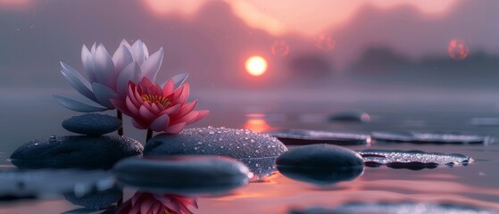 Zen Concept - Waterlily In Lake At Sunset With Spa Stones - obrazy, fototapety, plakaty