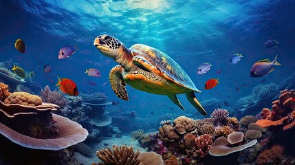 Colorful coral reef with many fishes and sea turtle. Underwater wildlife panorama Coral reef with wild.
