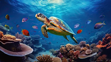 Fotobehang Colorful coral reef with many fishes and sea turtle. Underwater wildlife panorama Coral reef with wild. © May