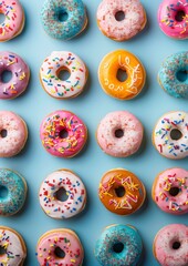 Group of frosted donuts isolated on blue background. Frosting, glazed, sprinkled donuts. Sweet treats.