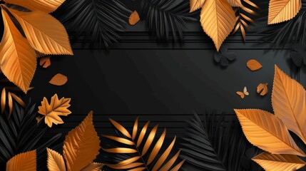 Plants with gold leaves on a black background. Luxury black minimalist trendy 2020 decoration featuring a floral pattern with a top view and copy space.