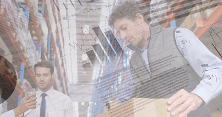 Statistical data processing against caucasian male supervisor packing boxes at warehouse