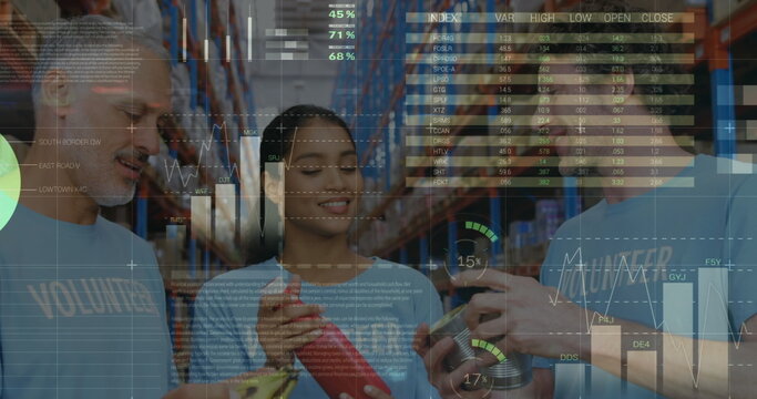 Statistical data processing against male and female volunteers opening donation bags at warehouse