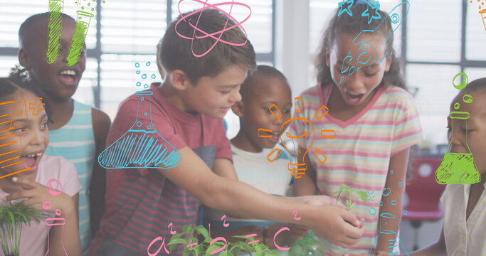 Image of colourful science doodles over happy diverse schoolchildren looking at plants in class - Powered by Adobe