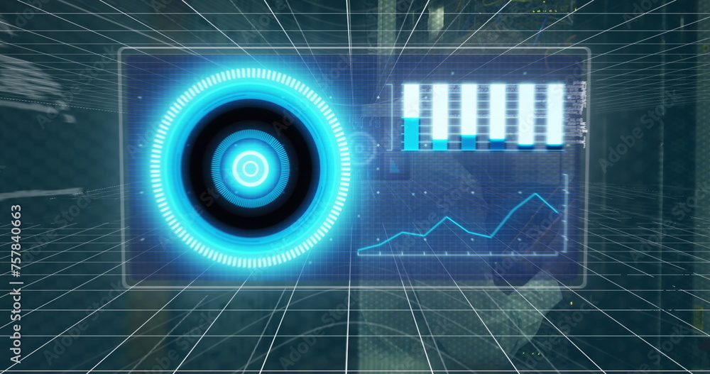 Poster image of scope scanning and data processing over caucasian male it technician by computer server