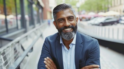 Confident bearded indian businessman investor, wealthy ethnic CEO, corporate executive, banker, lawyer, standing on gray with arms crossed. - obrazy, fototapety, plakaty