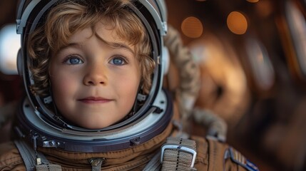 In an astronaut costume, a child stands