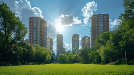 Modern blocks of flats and blue sky with white clouds surround a green public park