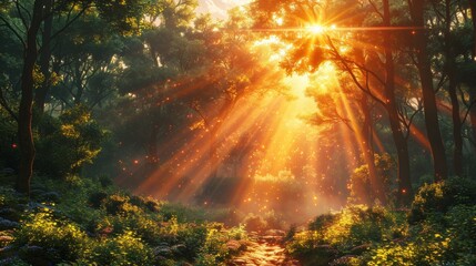 A bright sun shines in the forest