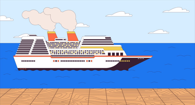 Cruise ship pier cartoon flat illustration. Harbor cruiseliner 2D line scenery colorful background. Luxury boat. Sea voyage. Ocean transport. Cruise ocean liner scene vector storytelling image