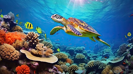 Fototapeta na wymiar Colorful coral reef with many fishes and sea turtle. Underwater wildlife panorama Coral reef with wild.