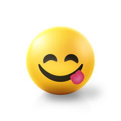 Tongue out hungry Emoji stress ball on shiny floor. 3D emoticon isolated.