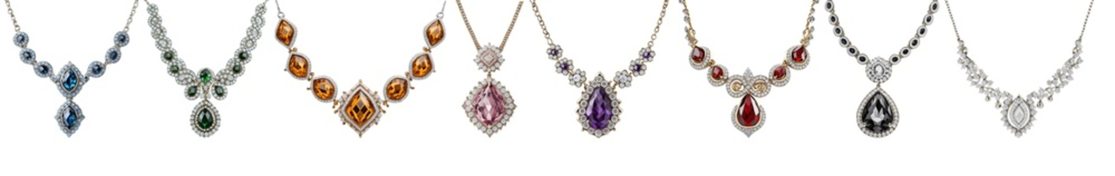 Set of expensive diamond plated stone necklaces collection isolated on transparent background. Generative AI