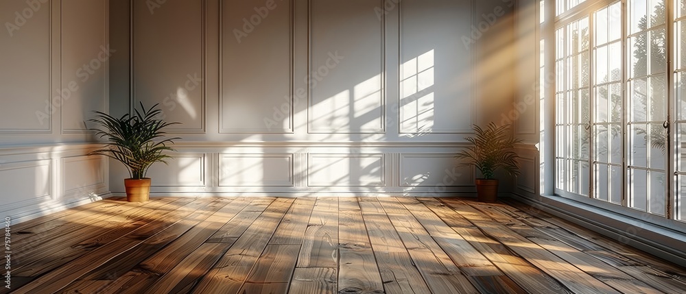 Poster 3d model of an empty room with laminate flooring and sun light casting a shadow on the wall.