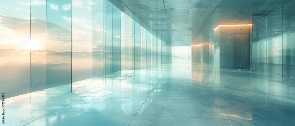 Poster the abstract futuristic glass architecture with an empty concrete floor is rendered in 3d.