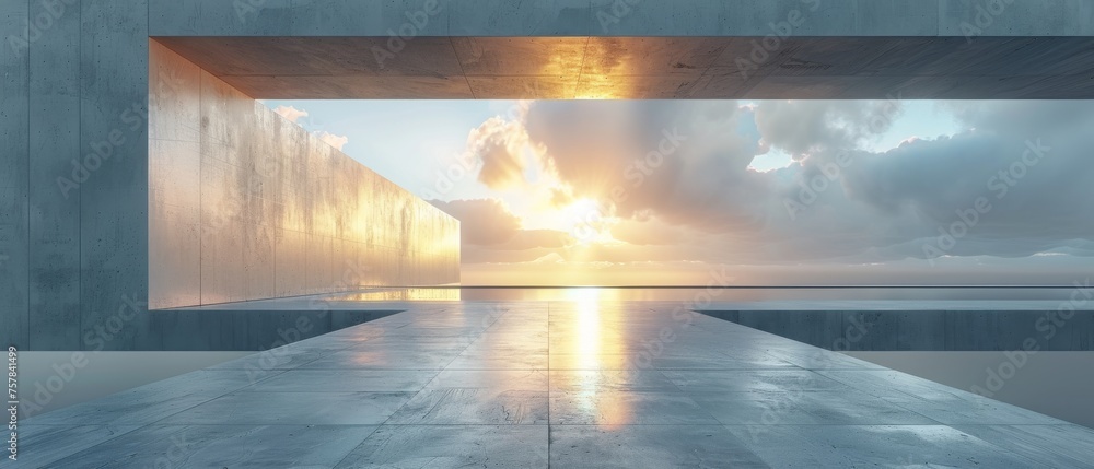 Poster An abstract futuristic building with empty concrete floors in 3D...