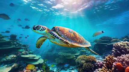 Fototapeta premium Colorful coral reef with many fishes and sea turtle. Underwater wildlife panorama Coral reef with wild.