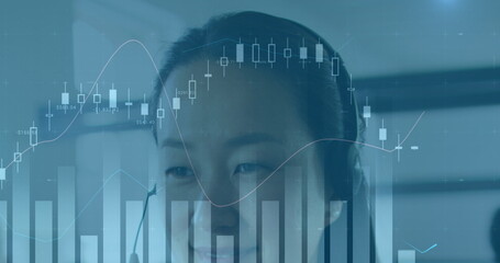 Image of financial data processing over asian businesswoman using phone headset in office