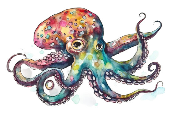 colored watercolor Ink octopus Rainbow illustration