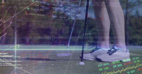 Image of data processing over female golf player on golf course