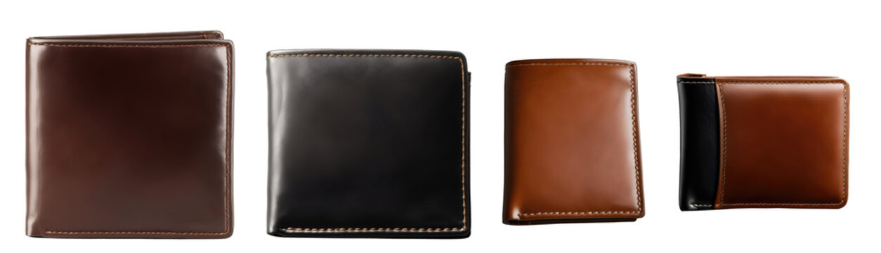 Set of realistic men casual genuine leather wallets isolated on transparent background. Generative AI