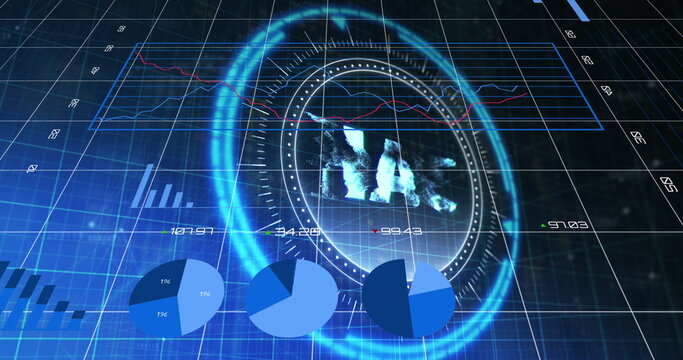 Image of financial data processing over scope scanning with uah symbol on black background - Powered by Adobe