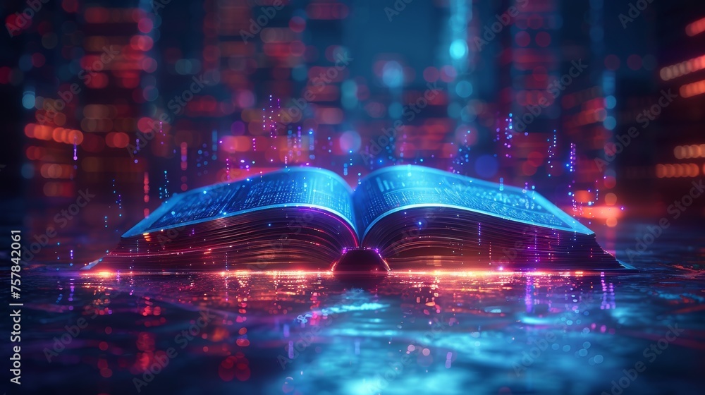 Poster digital futuristic seminar concept with a book and player with light effect, audiobook, and e-book c