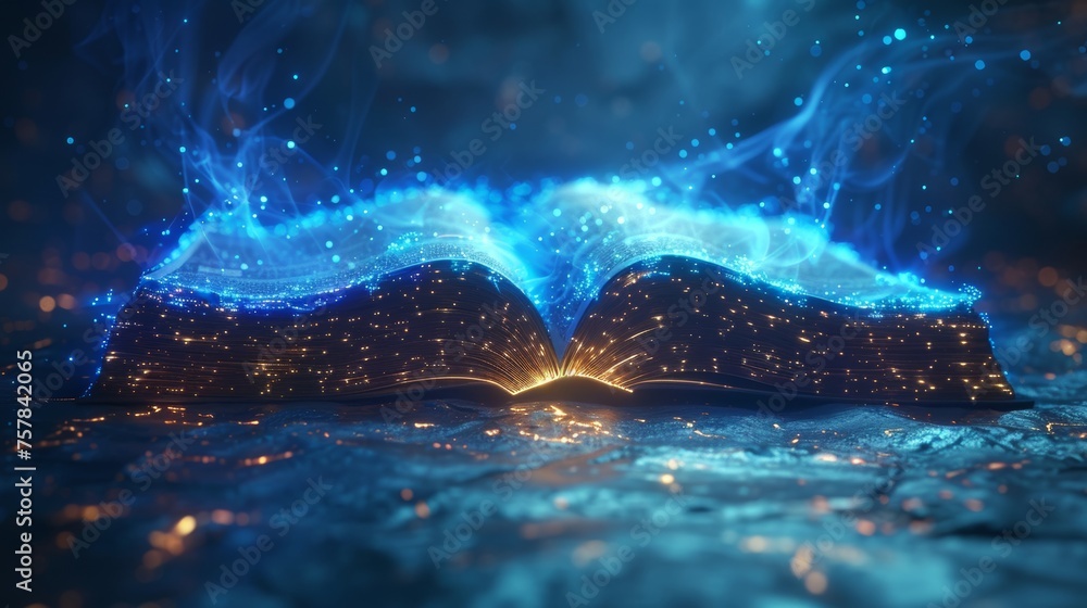 Aufkleber Modern illustration showing an open book, e-learning or e-book concept in a digital futuristic style. Modern illustration showing a beam of light emanating from an open book.