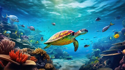 Colorful coral reef with many fishes and sea turtle. Underwater wildlife panorama Coral reef with wild.