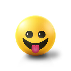 Tongue out happy Emoji stress ball on shiny floor. 3D emoticon isolated.