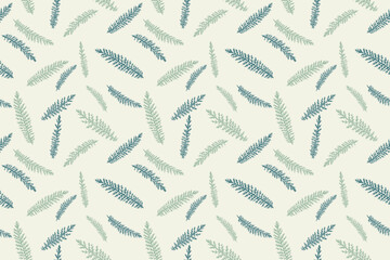 Pastel retro abstract tiny branches leaves fir random scarlet in a seamless pattern. Vector hand drawn sketch. Minimalist simple botanical printing. Collage for designs, fabric, patterned