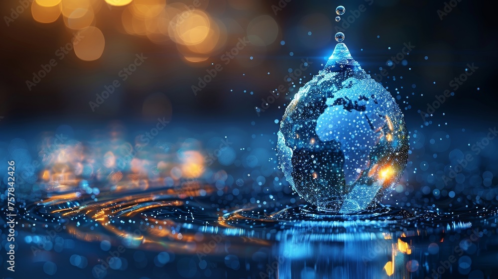 Leinwandbilder Isolated modern illustration of an abstract earth globe in a drop of water. World Water Day. Geometric background. Wireframe light connection structure. Modern 3D graphic concept. Isometric modern