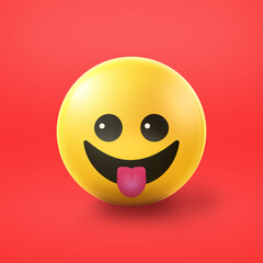 Fototapeta premium Tongue out happy Emoji stress ball on shiny floor. 3D emoticon isolated.