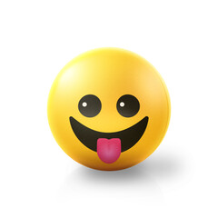 Tongue out happy Emoji stress ball on shiny floor. 3D emoticon isolated.