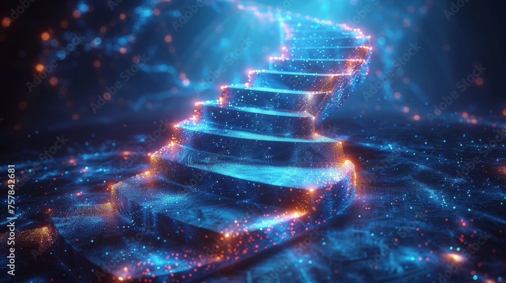 Poster a digital path abstract modern illustration of a staircase in a futuristic polygonal style on a blue