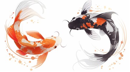 two koi fish swimming in a circle in a white background. forming a yin and yang symbol