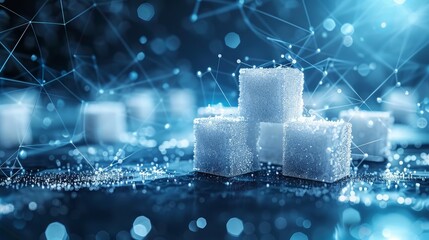 Stack of white cubes of sugar. This is an abstract version of sugar sweetener. A low poly style design. A modern 3D design concept with a blue geometric background. A wireframe connection structure. - obrazy, fototapety, plakaty