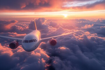 A captivating view of an airplane flying above the clouds at sunset with a space for text