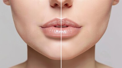 Compared before and after of hyaluronic acid injections for women lips. Procedure for beauty lips.