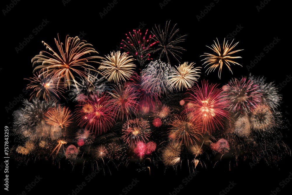 Poster a fireworks display with many different colors and shapes. the fireworks are lit up and are scattere