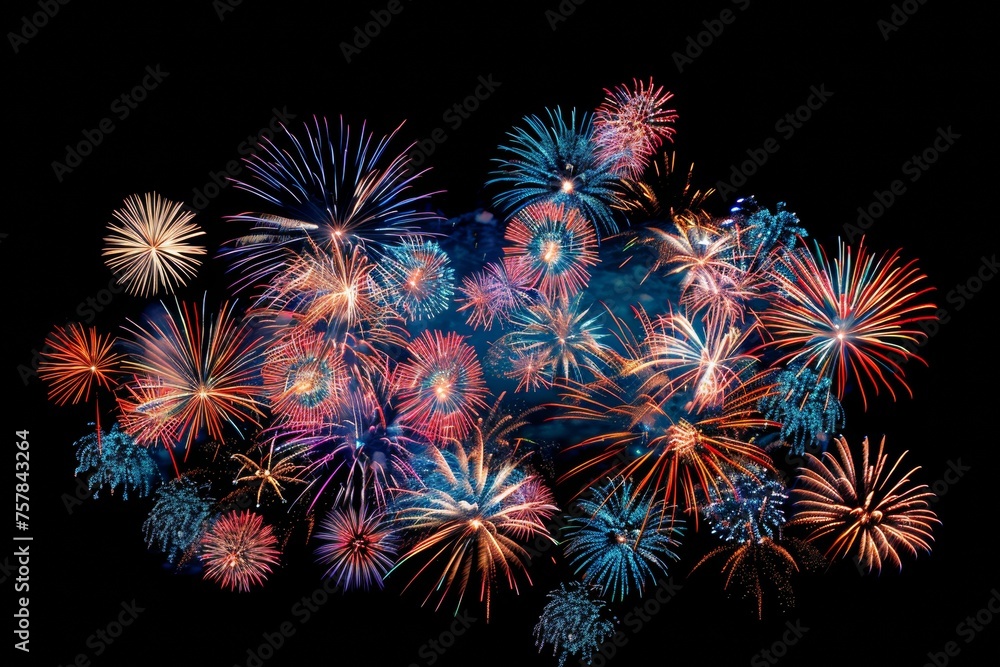 Poster a fireworks display with many different colors and shapes. the fireworks are lit up in the dark sky,
