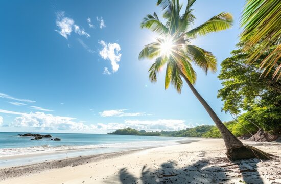 A palm tree is standing on a beach with a clear blue sky above. The sun is shining brightly, creating a warm and inviting atmosphere. The beach is empty, allowing for a peaceful
